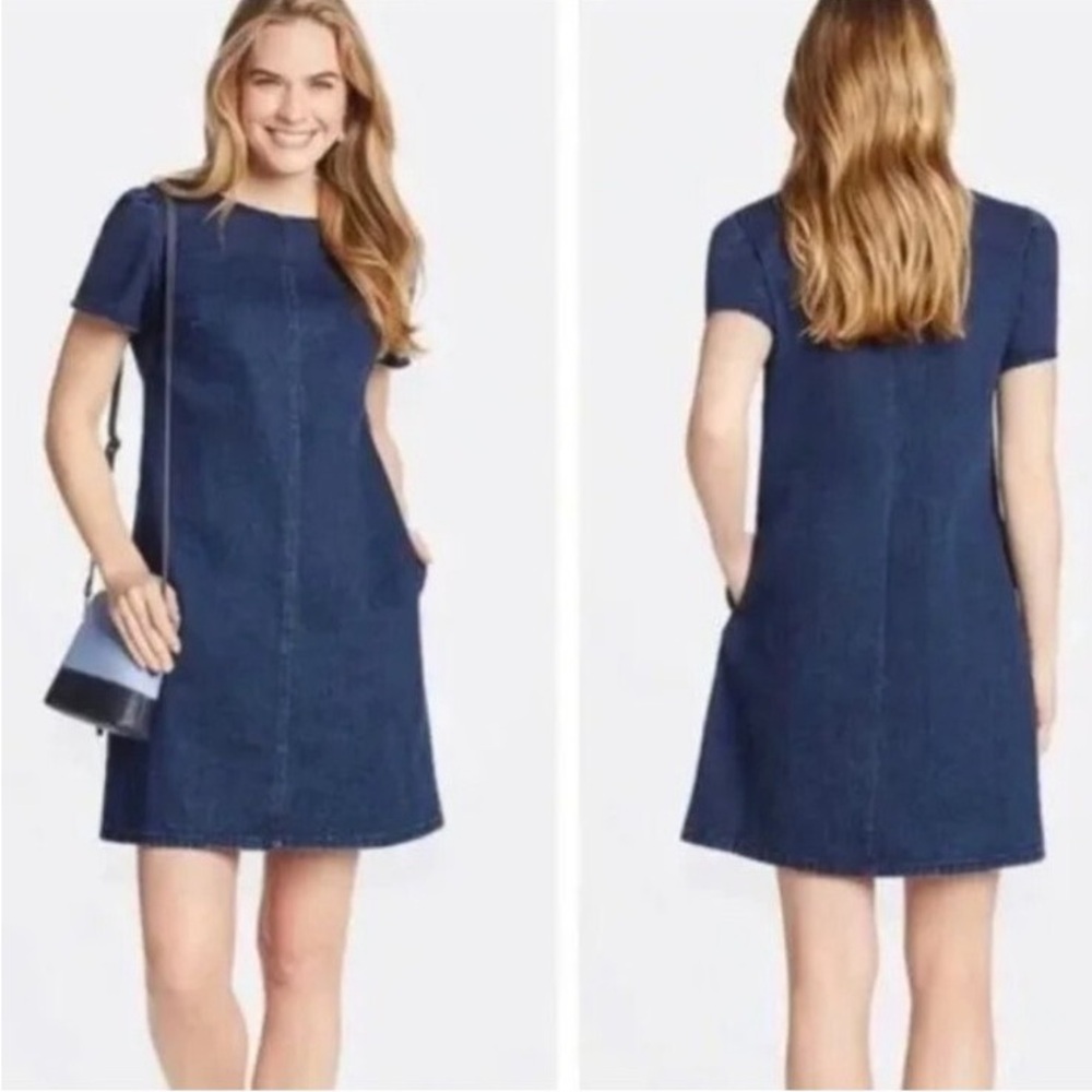 Draper James New Size 8 Classic Short Puff Sleeve Denim Shift Dress Pockets